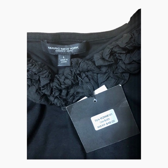 Andrew Marc NY black v-neck‎ ruffle puffy neckline exaggerated sleeve top shirt - Picture 10 of 16